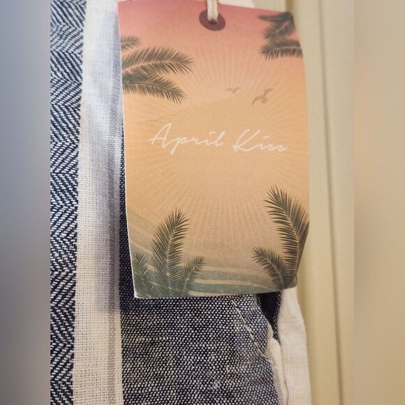 NWT April Kiss XL Striped White Gray Pockets LINEN Blend Wide Legs Women’s Pants - Picture 6 of 10